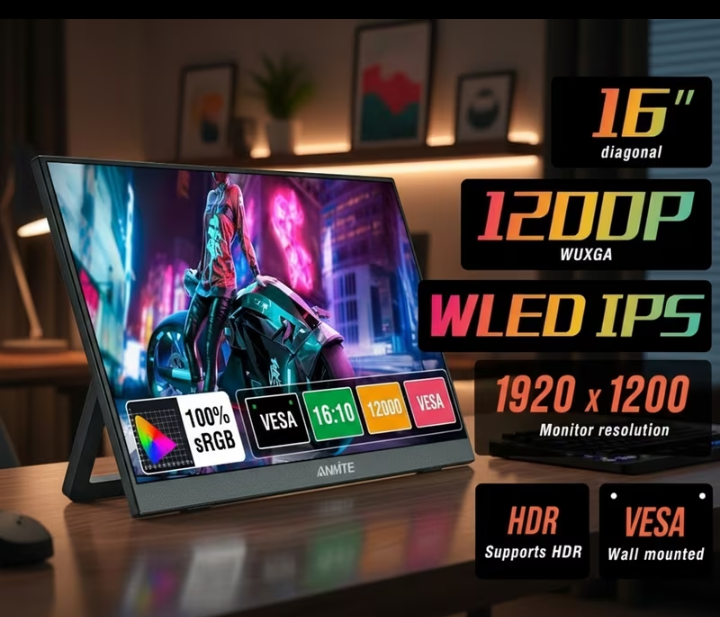 ANMITE 16 Portable Monitor 1920x1200 | USB-C IPS Display for Laptop