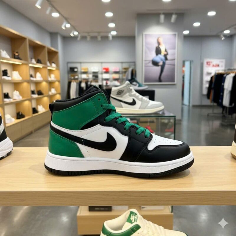 A timeless icon reimagined in a bold, head-turning colorway. The Air Jordan 1 Retro High OG features a premium white leather upper with striking black and Lucky Green overlays, green lace-up closure, iconic black Swoosh, and a clean white rubber midsole. Built for the streets, designed for legends. Available in men's sizing. Nike Air Jordan 1 Retro High OG – Black/White/Lucky Green Sneakers