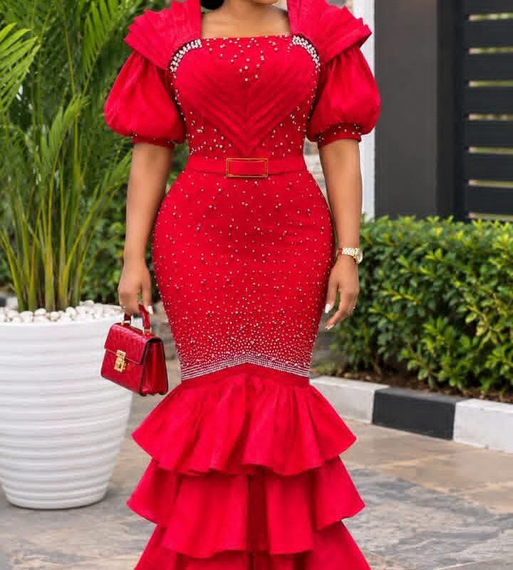 Red Beaded Mermaid Gown with Ruffled Train | Evening Wear