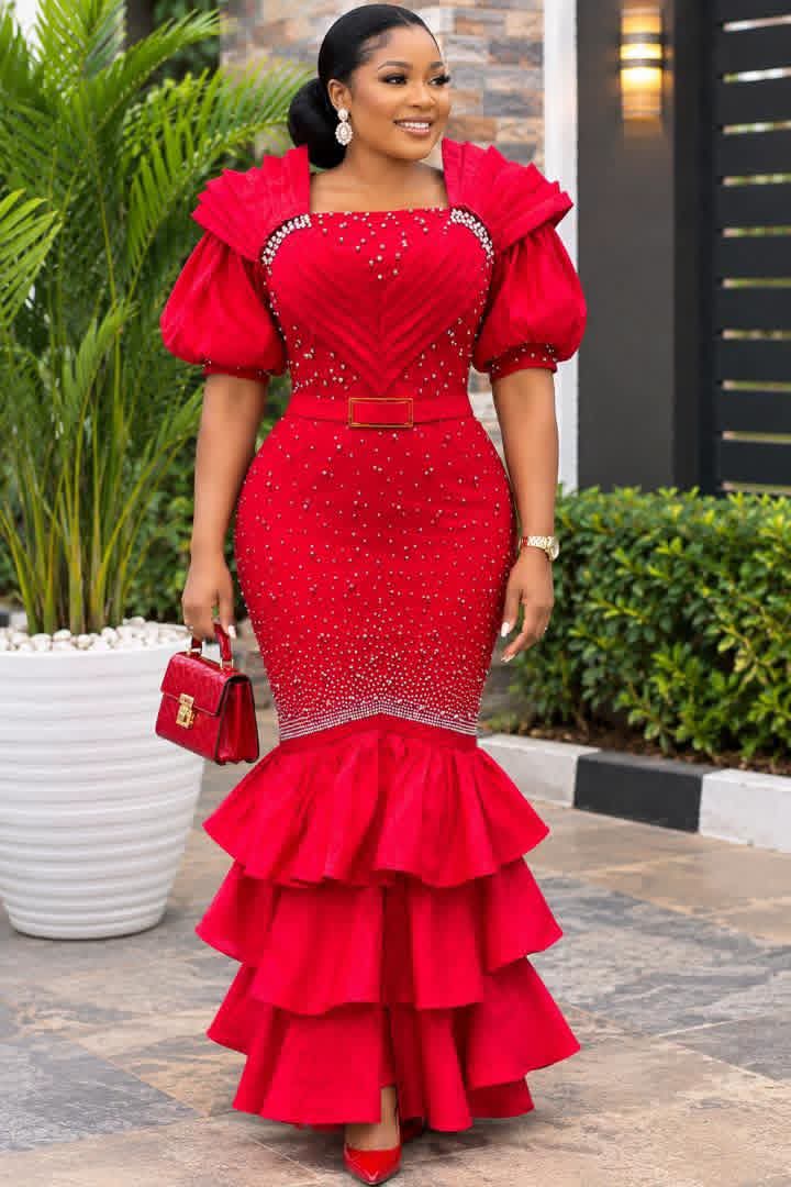 Red Beaded Mermaid Gown with Ruffled Train | Evening Wear
