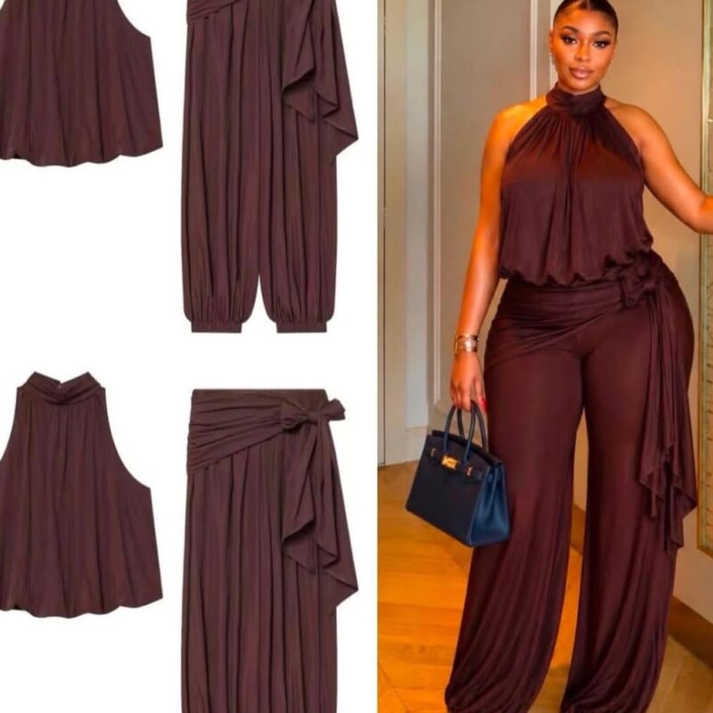 Two Piece Set for Women – Brown Halter Top & Wide Leg Pants
