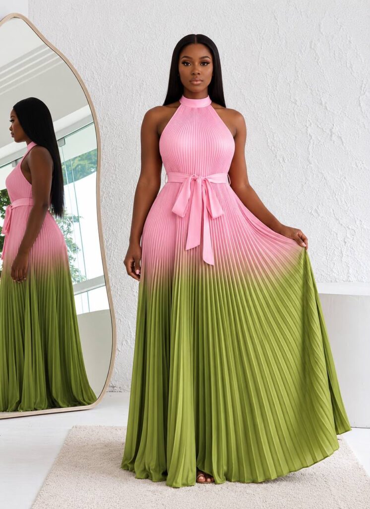 Pink & Green Ombré Pleated Halter Maxi Dress – Women's Tie-Waist Occasion Gown Woman wearing a pink and green ombré pleated halter maxi dress with a tie waist