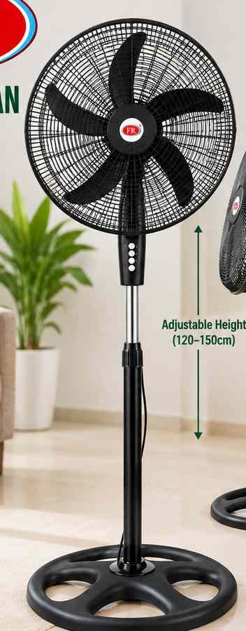 FR 18-inch black stand fan with adjustable height and 3-speed control