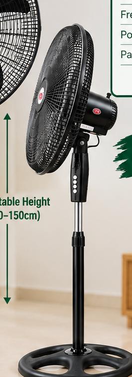 FR 18-inch black stand fan with adjustable height and 3-speed control