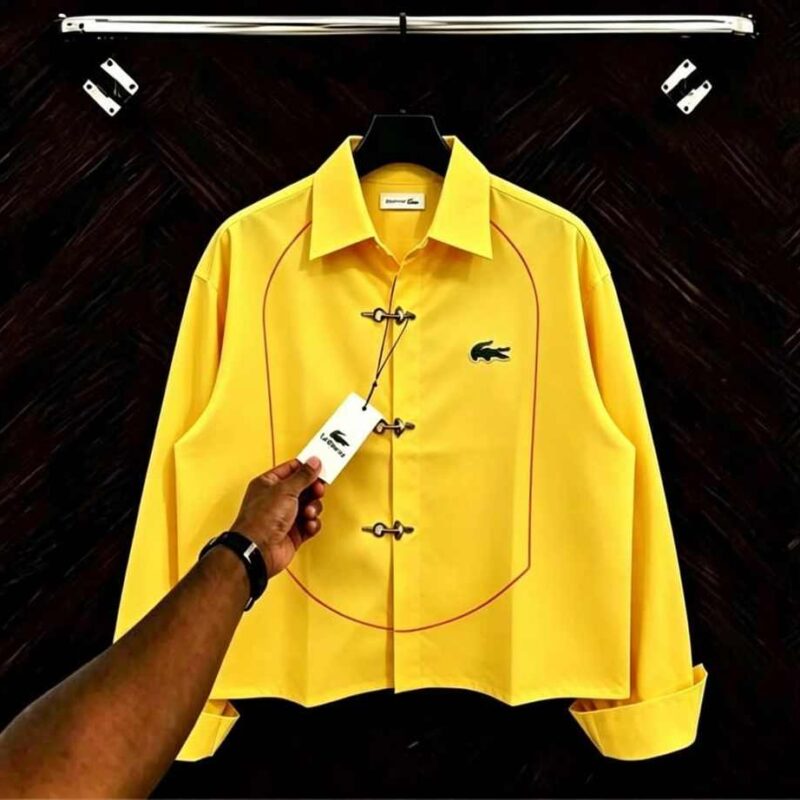 Cropped Long Sleeve Collared Shirt with Front Piping and Metal Clasps