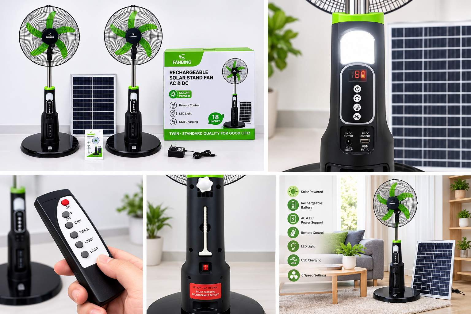 18-Inch Rechargeable Solar Stand Fan with Solar Panel, Remote Control & LED Light