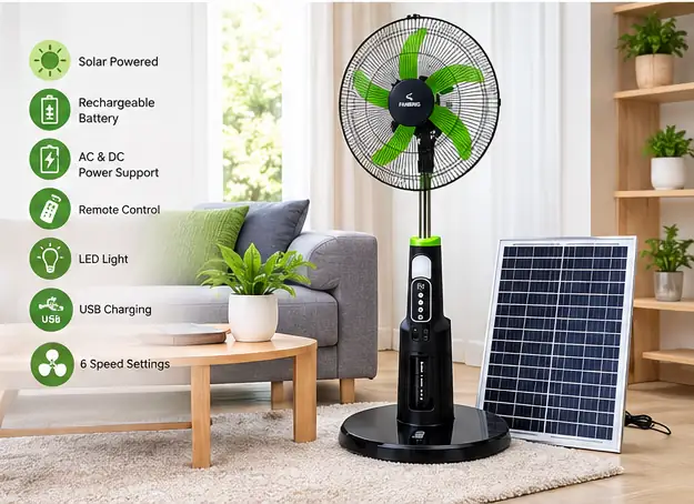 18-Inch Rechargeable Solar Stand Fan with Solar Panel, Remote Control & LED Light