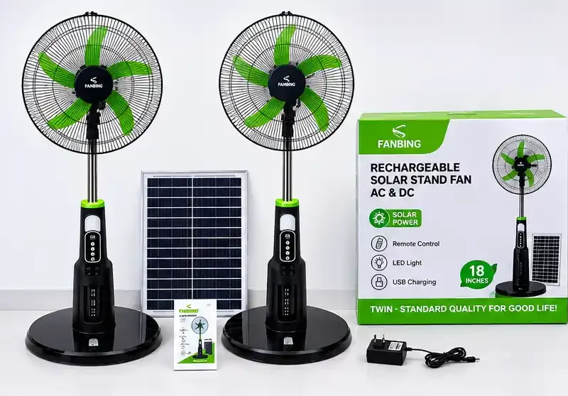 18-Inch Rechargeable Solar Stand Fan with Solar Panel, Remote Control & LED Light