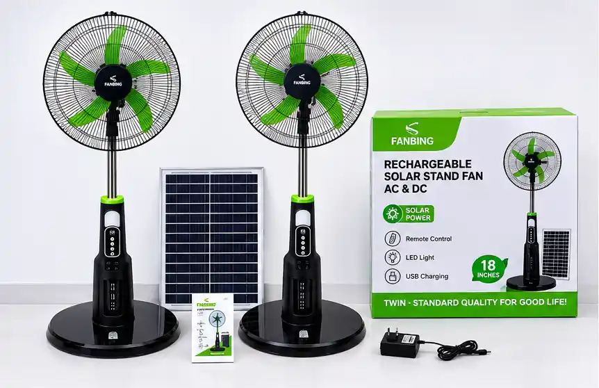 18-Inch Rechargeable Solar Stand Fan with Solar Panel, Remote Control & LED Light